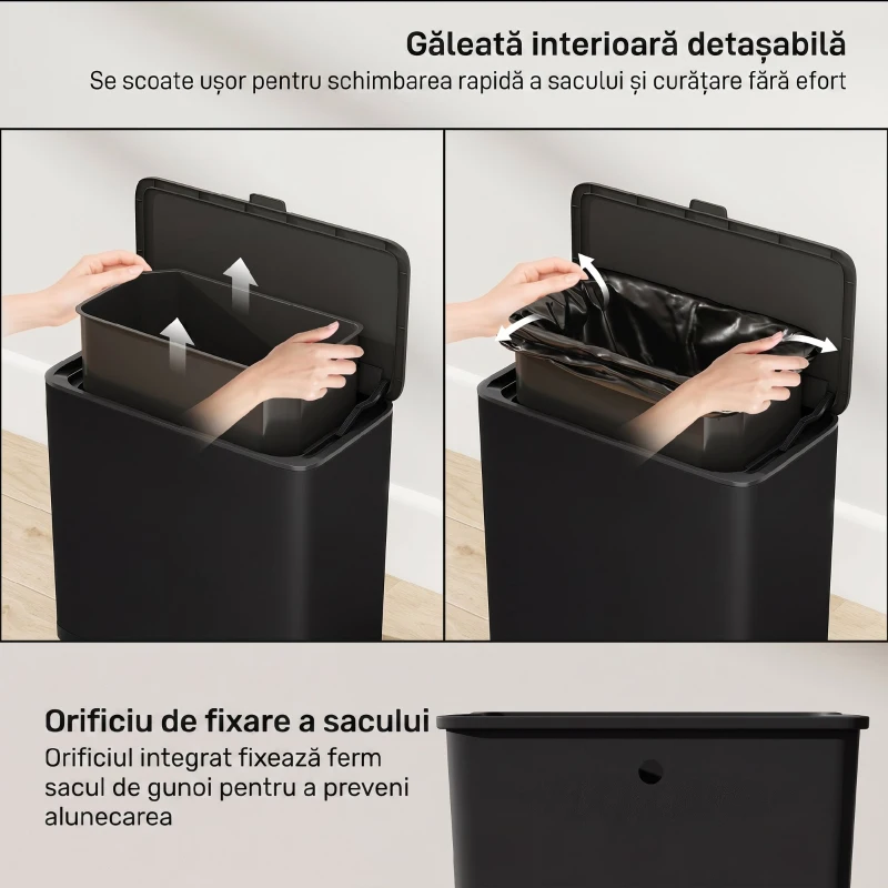HOMCOM Pubelă 8 L cu Capac din Oțel Inoxidabil, Suspendată sau de Sine Stătătoare, 29,7x17,4x30 cm, Negru