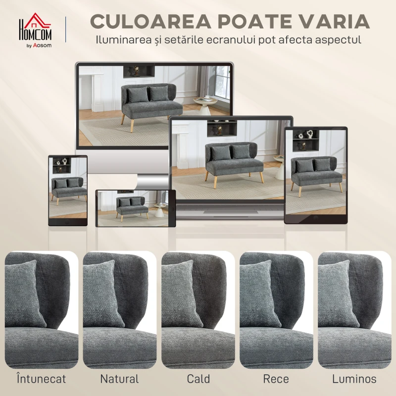 HOMCOM Canapea 2 Locuri In Catifea Chenille Con Șezut Larg E Spătar Ad Aripi, Gri