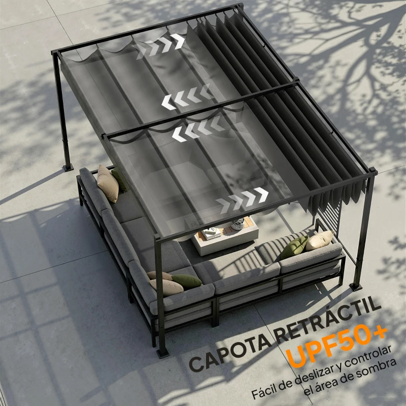 Outsunny Pérgola de Jardín 4x3 m con Techo Retráctil 2 Paneles de Privacidad UPF50+ Cenador de Jardín para Patio Exterior Gris