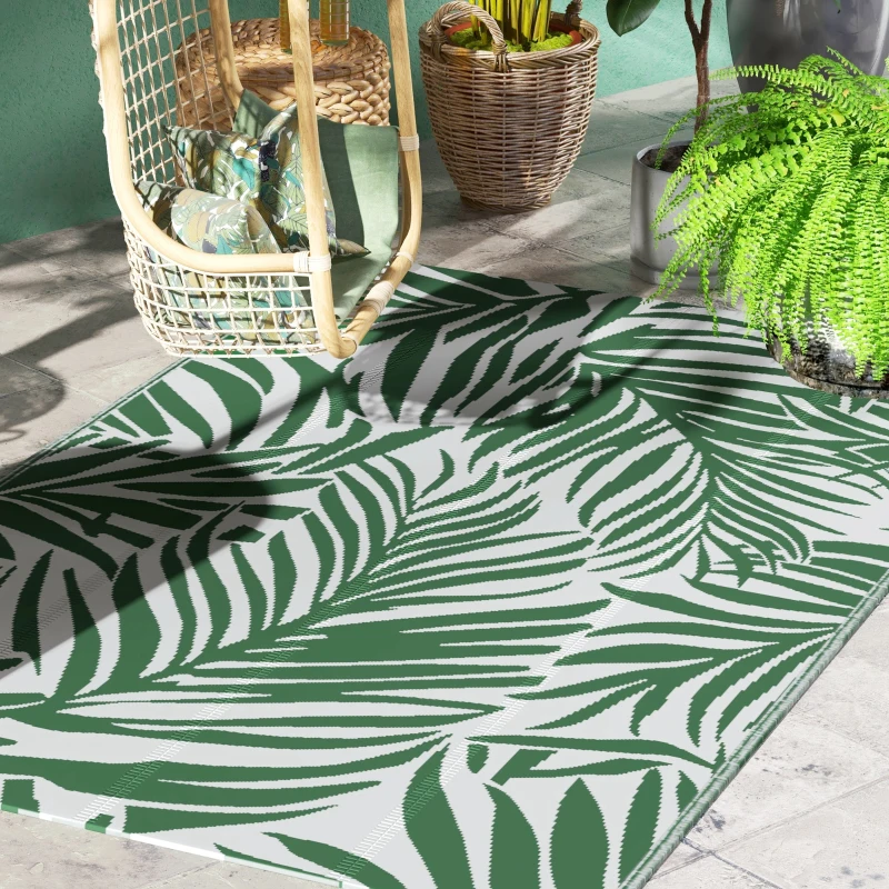 Outsunny Outdoor Teppich Wendbares Wetterfest Outdoorteppich Carpet mit Blätter-Muster, 152 x 243 cm Dunkelgrün