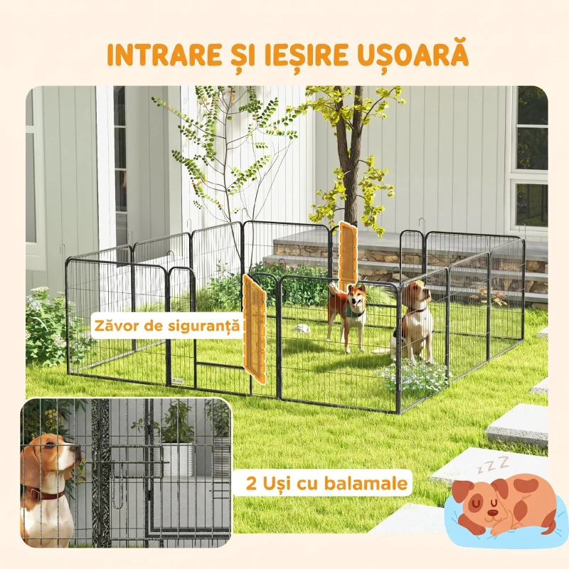 PawHut Țarc pentru câini, 12 panouri modulabile 80x1.5x80 cm, pliabil cu ușă din oțel, 12 țăruși, gri