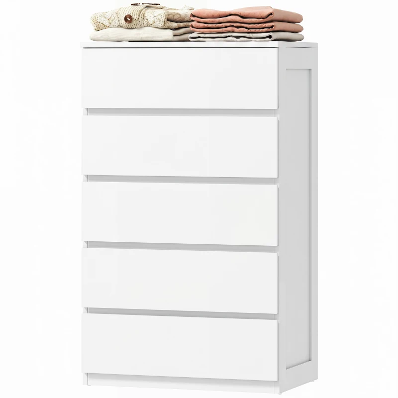 HOMCOM Comodă cu 5 Sertare din Lemn cu Mânere Incorporate, 60x38x100 cm, Alb(m-11)