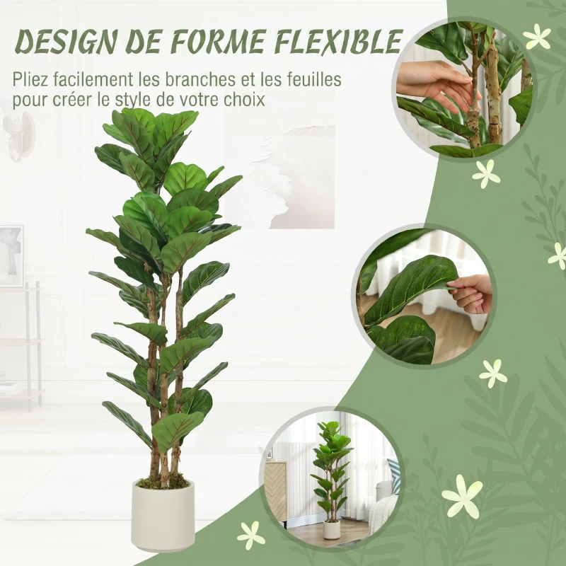 HOMCOM Lot de 2 plantes artificielles 120 cm Figuier lyre arbre artificiel avec pot en plastique et tronc en bois massif, vert