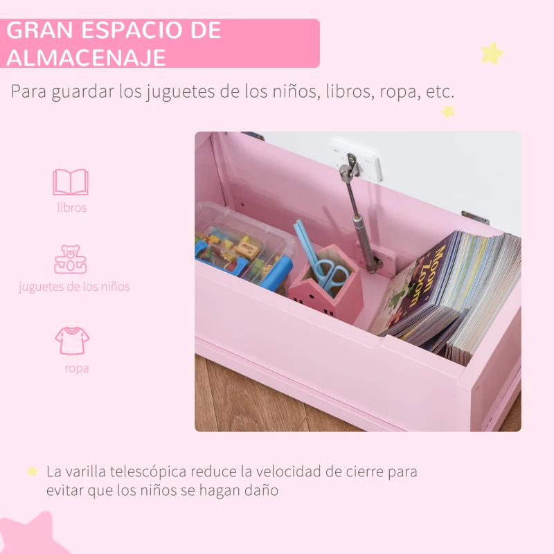 HOMCOM Banco Almacenaje para Niños con Respaldo y Tapa Amortiguadora Carga 40 kg para Salas de Juego 60x30x50 cm Rosa y Blanco