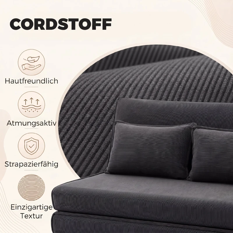 HOMCOM Bodenstuhl mit Rückenlehne, Cord-Klappsofa als Gästebett, Verstellbare Rückenlehne, Breiter Sitz, Dunkelgrau