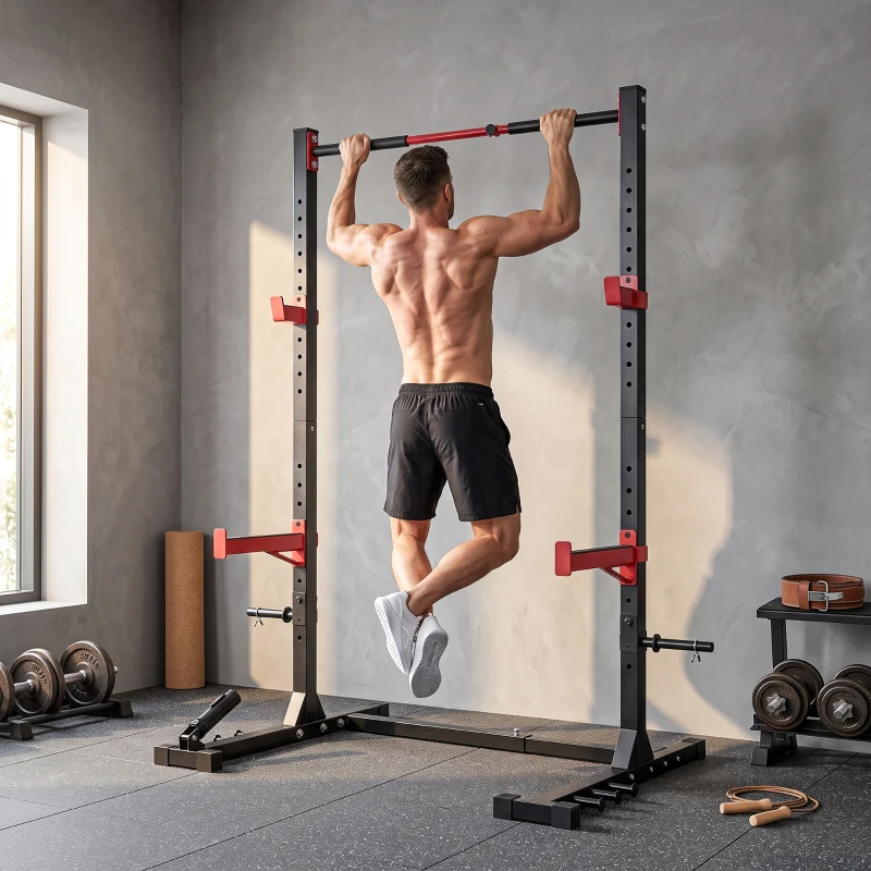 SPORTNOW Power Tower Multifonction Charge 500 kg Largeur Réglable, Barre de Traction, Rack de Squat, 176x106x212cm, Rouge