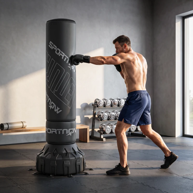 SPORTNOW Boxsack freistehend 180 cm Standboxsack mit Saugfuß befüllbar Basis, Stoßdämpfung Handschuhen Boxing Trainer