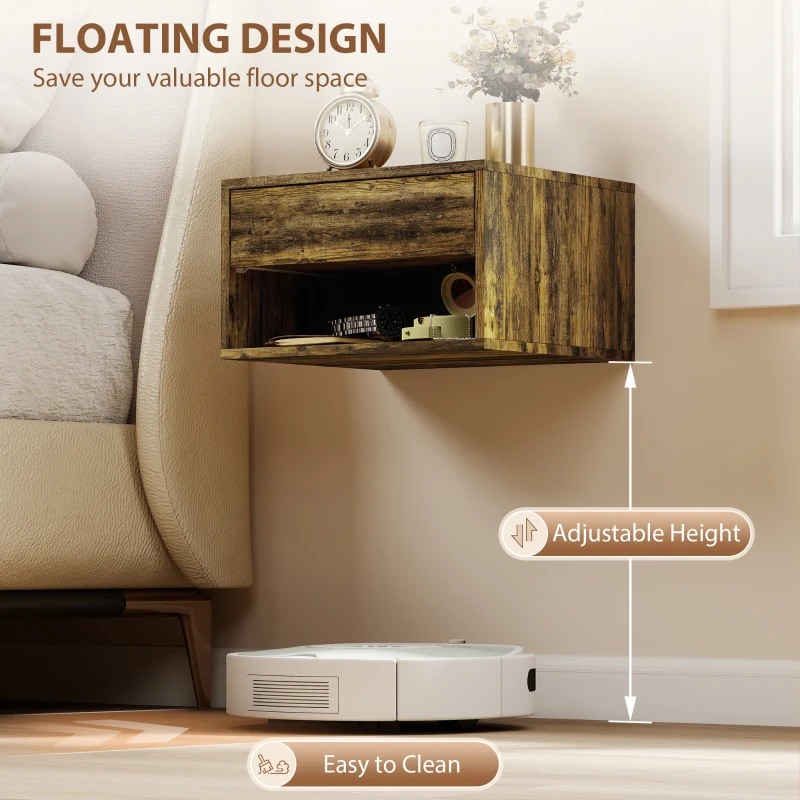 HOMCOM Wall Mounted Nightstands, Floating Bedside Tables Set of 2 with Drawer and Open Shelf for Bedroom, Rustic Brown