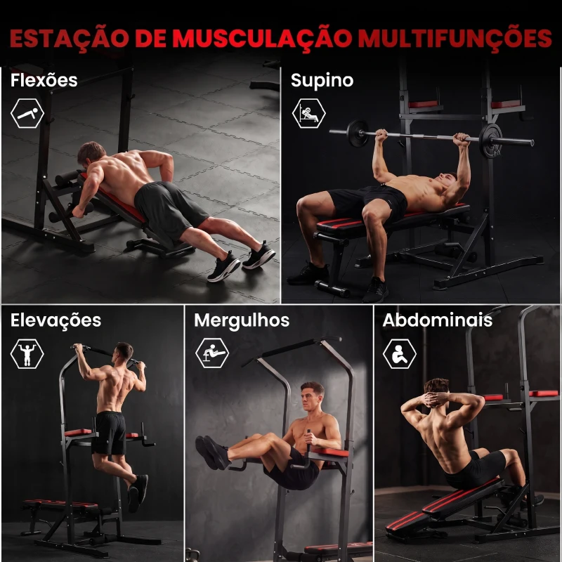 HOMCOM Estação de Musculação Dobrável com Barra de Elevações, Altura Ajustável e Banco Reclinável, Preto e Vermelho