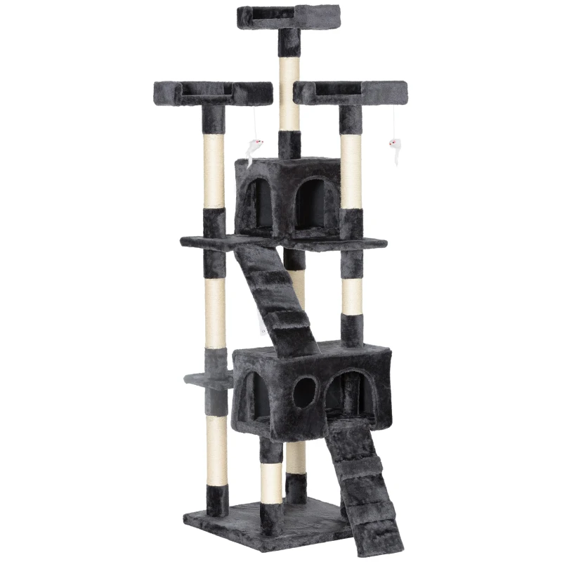 PawHut Pom pentru pisici cu 3 platforme, 2 căsuțe și jucării suspendate, din lemn și pluș, 49x49x173 cm, gri