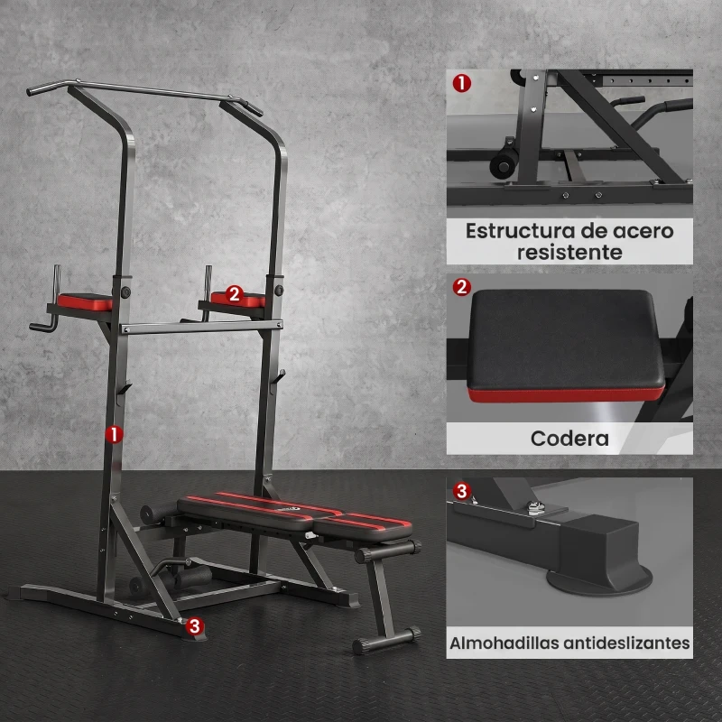 HOMCOM Estación de Musculación Plegable Altura Ajustable con Barra de Dominadas Banco Reclinable para Gimnasio Negro y Rojo
