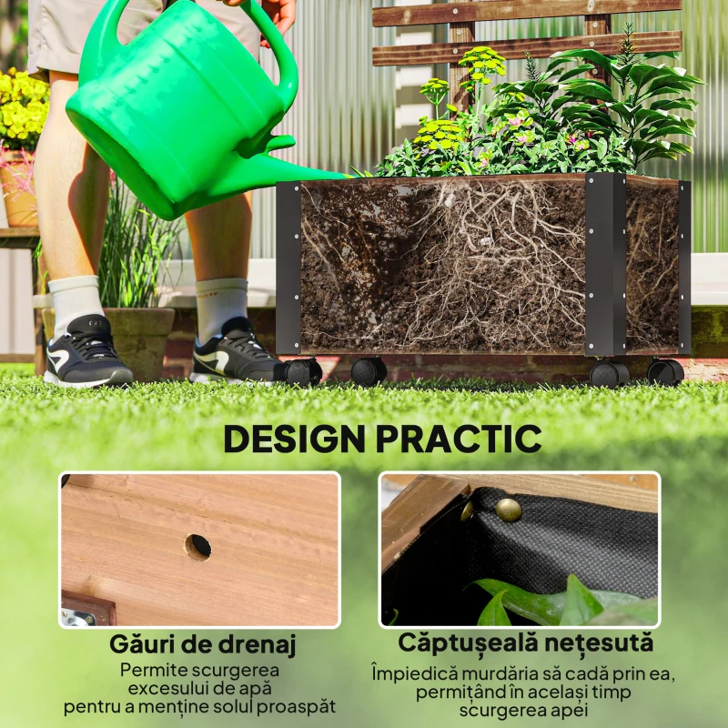 Outsunny Jardinieră cu spalier pentru plante cățărătoare și roți, din lemn de brad, 65x31x147 cm, maro