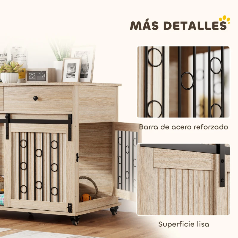 PawHut Jaula para Perros Medianos y Grandes Mesa Auxiliar Moderna con 2 Cajones 2 Puertas y Cierre 100x56x81 cm Roble