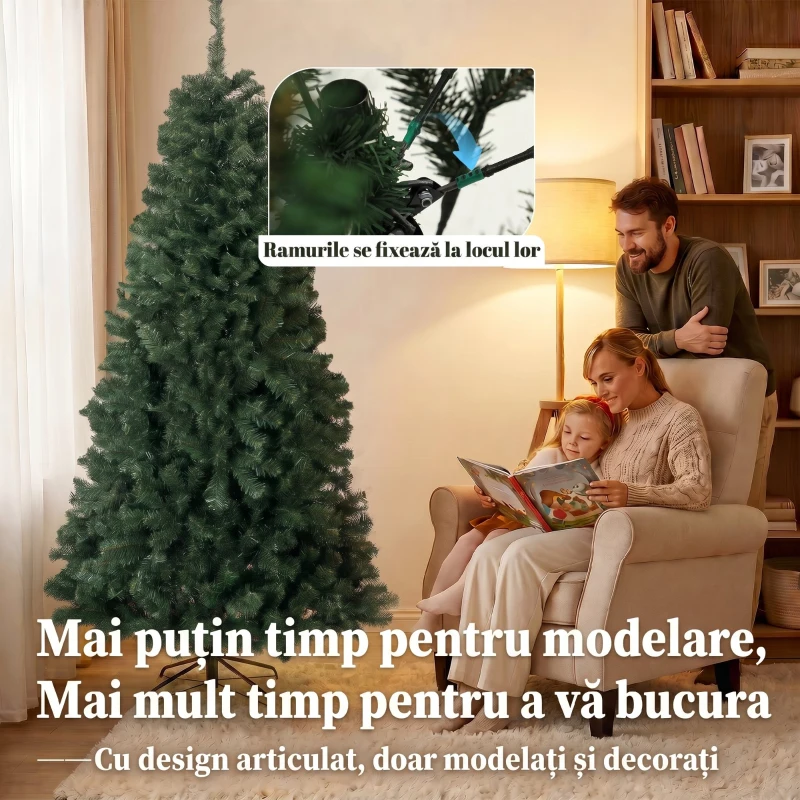 HOMCOM Brad de Crăciun Artificial 200 cm cu 1000 Ramuri și Bază Pliabilă, Verde