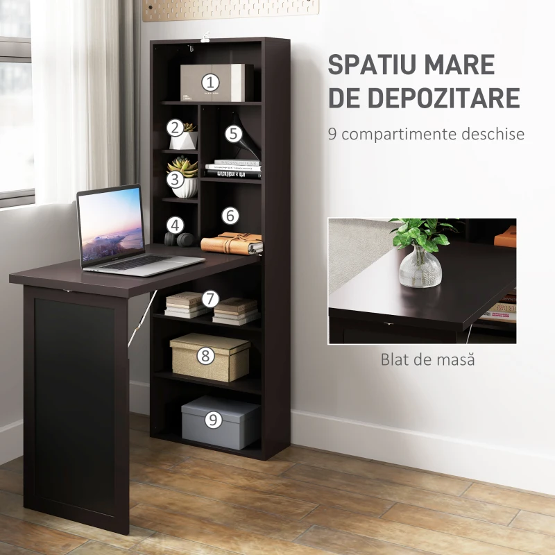 HOMCOM Birou Modern Pliabil cu Bibliotecă și Tablă, din Lemn și Metal, 98x51x153 cm, Maro