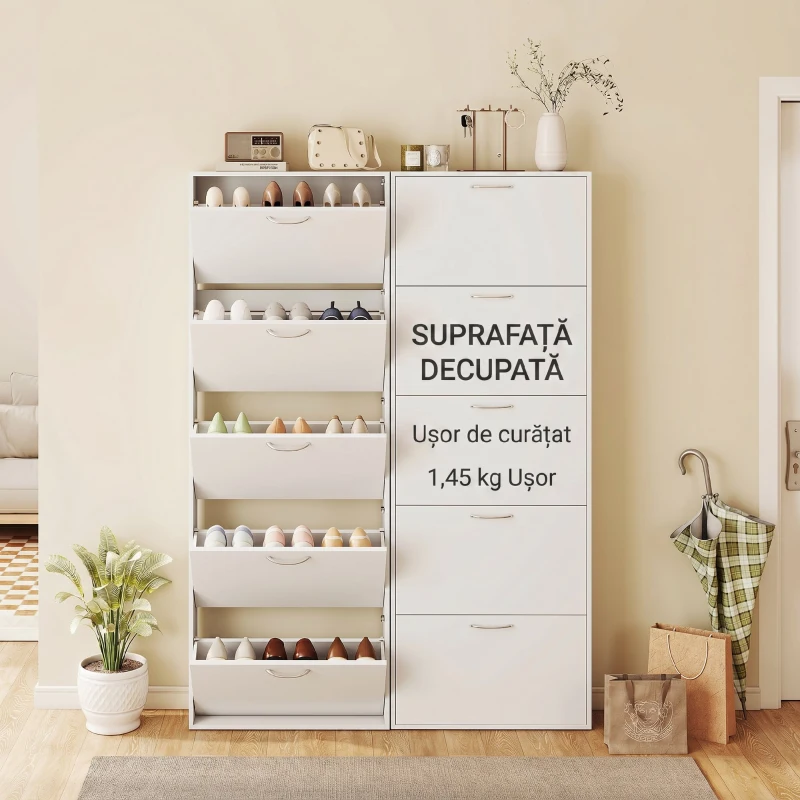 HOMCOM Dulap pentru Pantofi cu 5 Uși Anti-Răsturnare, din PAL, 65x17x180.5 cm, Alb