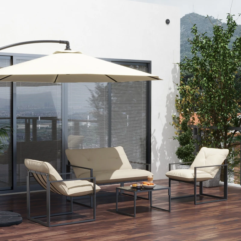 Outsunny Set de Mobilier de Grădină din 4 Piese cu Canapea, 2 Fotolii și Măsuță, din Oțel, Poliester și Bumbac PP, Bej și Gri