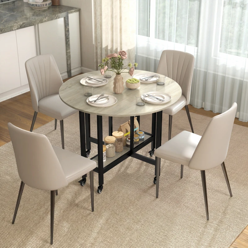 HOMCOM Klaptafel, Tafel met inklapfunctie en open opbergrek, Verrijdbare keukentafel voor eetkamer, kleine ruimtes, Naturel