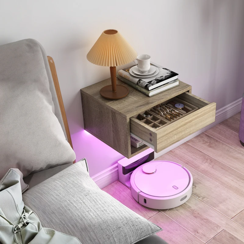 HOMCOM Set 2 Comodini Sospesi con LED RGB Integrati e Regolabili con APP, Cassetto e Ripiano, 37x32x21 cm, Color Legno