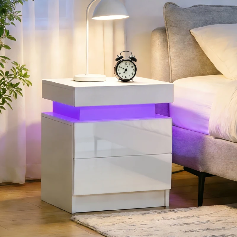 HOMCOM Noptieră cu lumină LED RGB, 2 sertare, 4 moduri de iluminare și 16 culori, din lemn, 45x35x52 cm, Alb