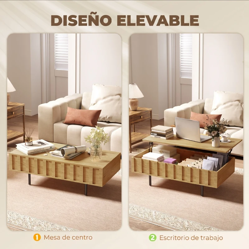 HOMCOM Mesa de Centro Elevable Mesa de Café para Salón con 2 Compartimentos Ocultos Patas de Metal 110x55x36,5 cm Roble