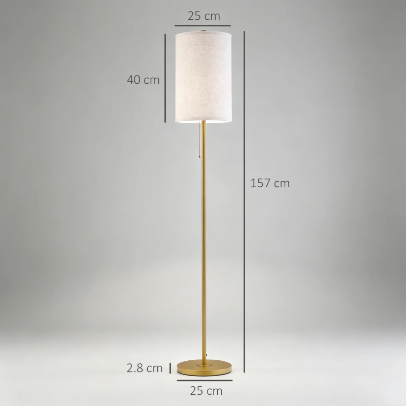 HOMCOM Lampadar cu Abajur din In și Dulie E27, In și Oțel, 25,5x25,5x157 cm, Auriu