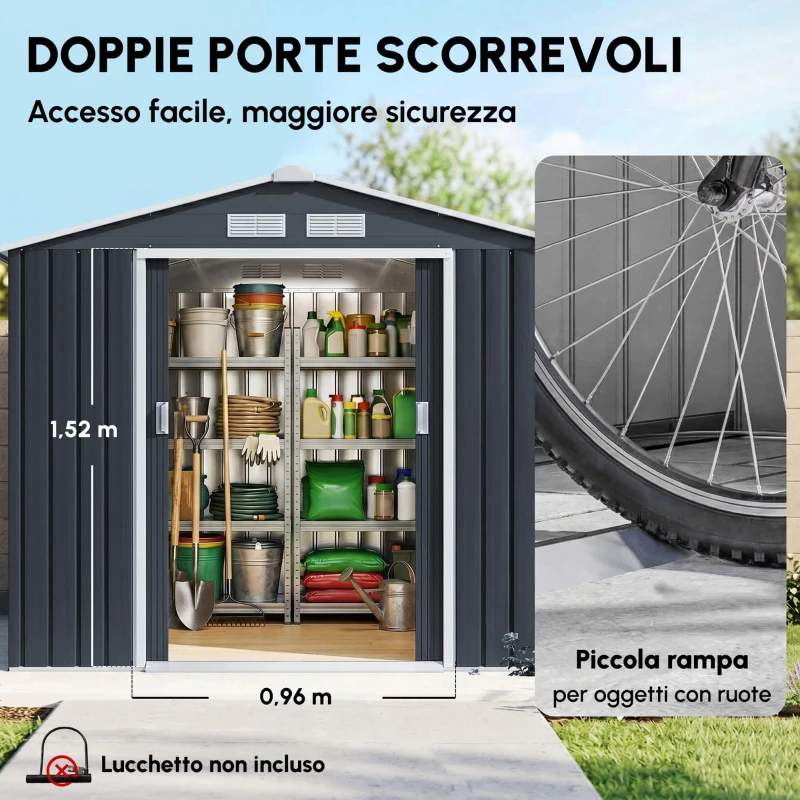 Outsunny Casetta da Giardino Porta Utensili in Lamiera con Porte Scorrevoli, 213x130x185cm, Grigio Scuro