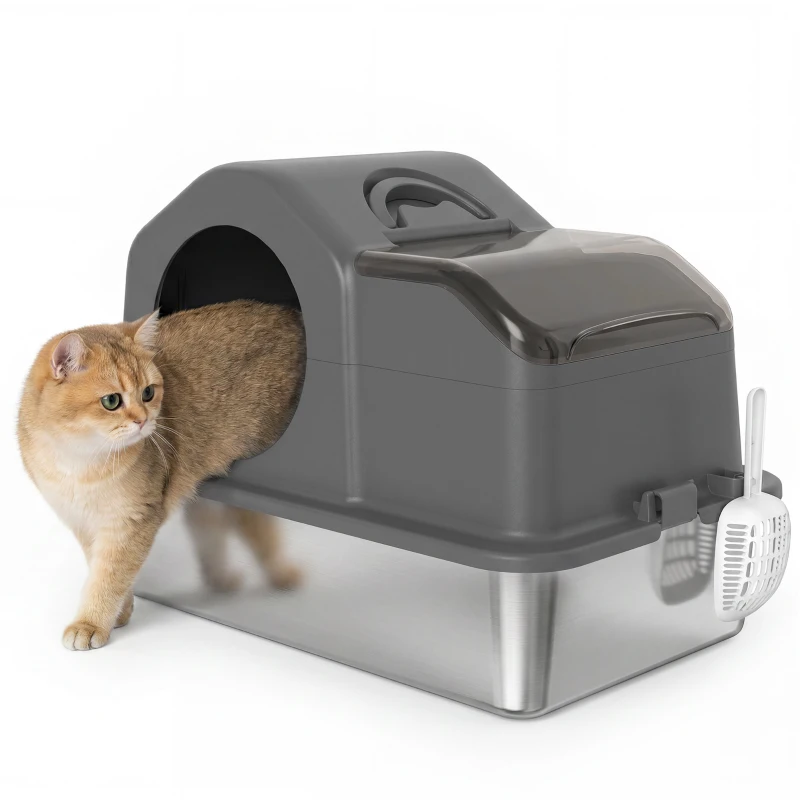 PawHut Maison de Toilette pour Chat avec Couvercle Amovible et Fermé, Côtés Hauts, 60,5x40,5x45cm, Gris Foncé