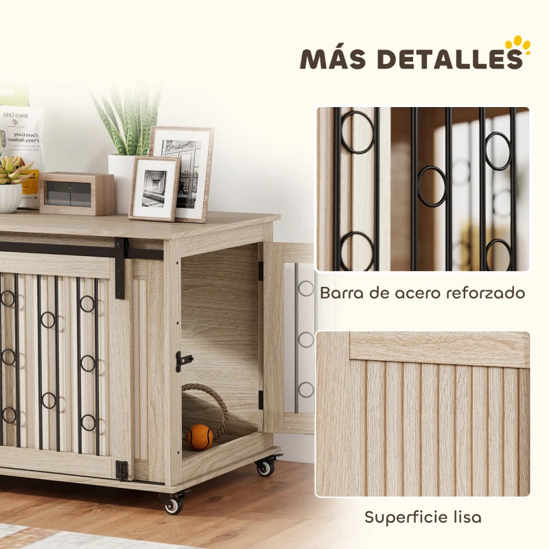 PawHut Jaula para Perros Medianos y Grandes Mesa Auxiliar Moderna con 2 Puertas y Cierre 100x56x65 cm Roble