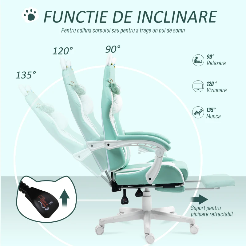 HOMCOM Scaun de Gaming Rabatabil cu Suport pentru Picioare și Perne, din Piele Ecologică și Spumă, 65x62x116-124 cm, Alb și Albastru