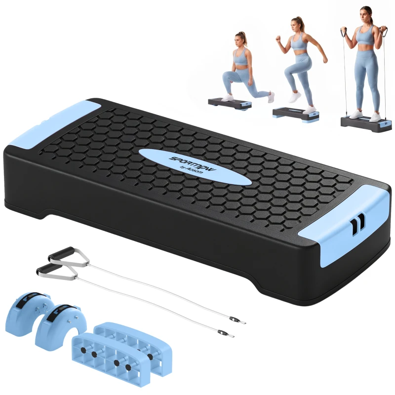 SPORTNOW Steppbrett höhenverstellbar Fitness Aerobic Stepper mit 2 Stufen (11/16 cm) 2 Widerstandsbändern, Anti-Rutsch-Matte Blau
