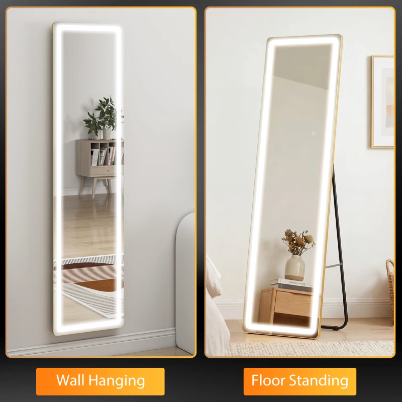 HOMCOM 2 in 1 Ganzkörperspiegel mit LED-Licht, freistehend, wandmontiert, dimmbar, 40 cm x 37 cm x 156,5 cm, Silber