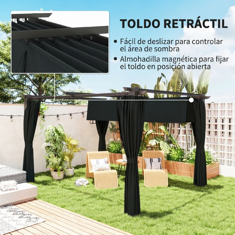 Outsunny Pérgola con Techo Retráctil 4x3 m Cenador con Paredes Laterales Anti-UV Resistente al Agua para Jardín Patio Gris Oscuro