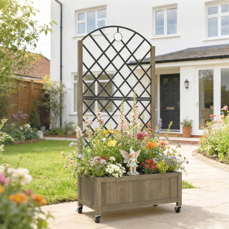 Outsunny Raised Garden Bed with Metal Trellis, Wooden Elevated Planter Box w/Lockable Wheels, Outdoor Raised Planter, Carbonised
