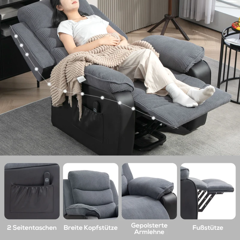 HOMCOM Aufstehsessel mit weichem Cordbezug, Recliner-Sessel mit Fernbedienung und Seitentaschen, Dunkelgrau