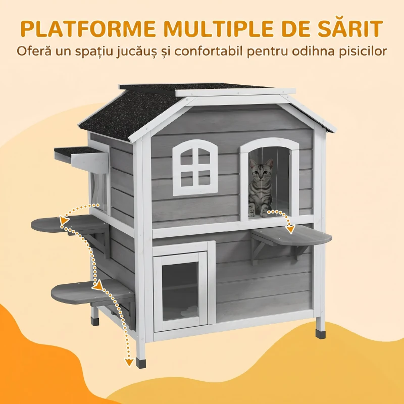PawHut Casă pentru Pisici pe 2 Niveluri cu Acoperiș Rabatabil, Lemn de Brad, 99,5 x 76 x 91 cm, Gri