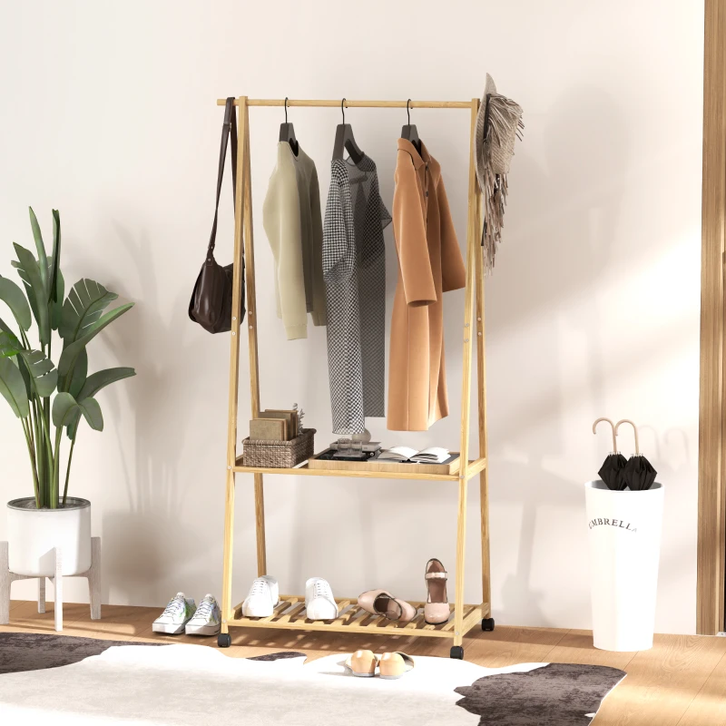 HOMCOM Bamboo Clothes Rack, with Shelves and Hooks - Natural Finish