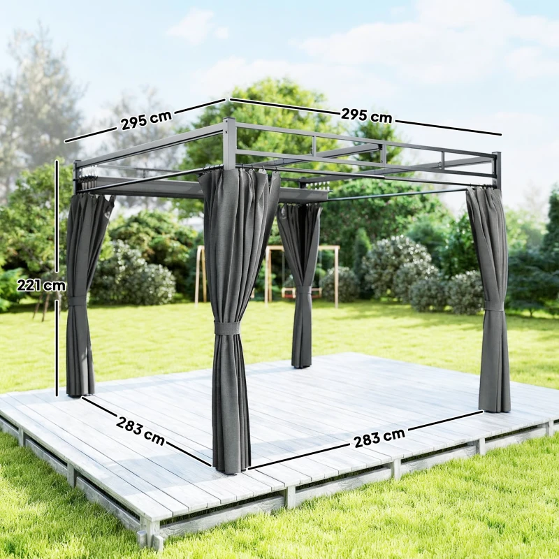 Outsunny Pérgola de Jardín 3x3 m con Techo Retráctil y Cortinas Protección UV30+ Estructura Metálica para Patio Terraza Gris