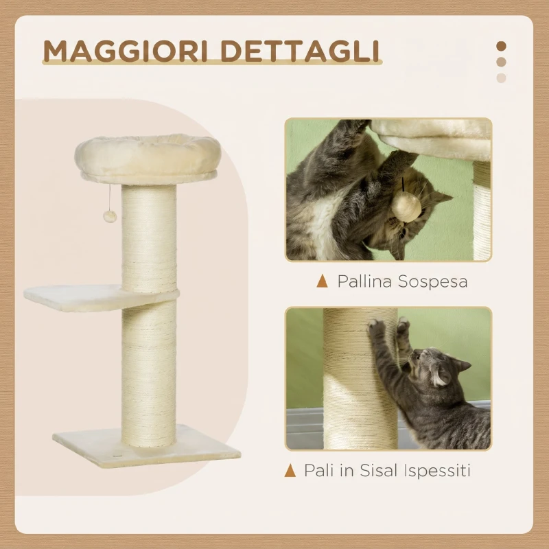 PawHut Tiragraffi per Gatti Alto 105 cm con Palo Graffiatoio in Sisal, Cestino, Pallina Sospesa, in Peluche, Beige