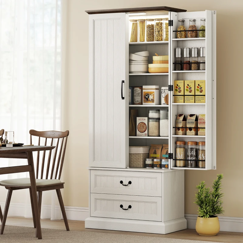 HOMCOM Buffet haut cuisine, armoire de cuisine, LED à capteur, 2 portes, tiroirs et étagères réglables, 76x39,5x183cm, blanc(m-2)