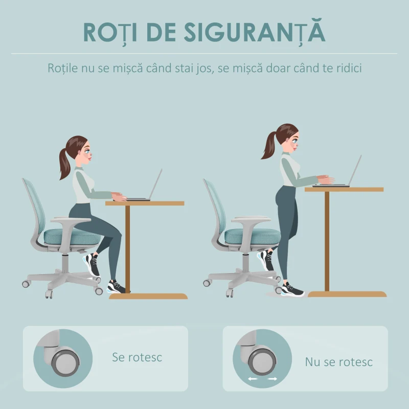 Vinsetto Scaun de Birou Ergonomic, Reglabil pe Înălțime cu Spătar Respirabil, 55x48x82.5-94.5 cm, Verde Deschis