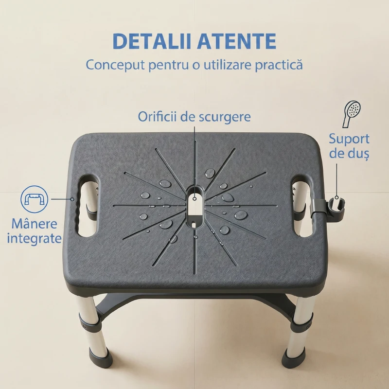 HOMCOM Scaun de Duș din Aluminiu cu Raft Integrat, Înălțime Reglabilă pe 5 Niveluri, Suport 150kg, Gri