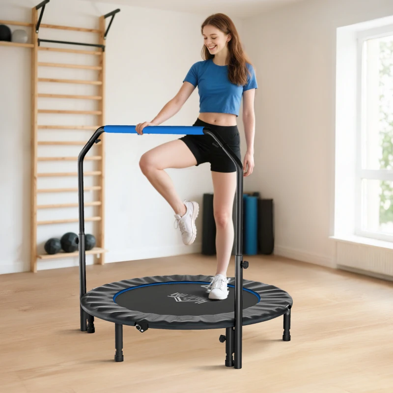 HOMCOM Trampolín de Fitness Adultos Ø122 cm, Cama Elástica Plegable con Mango Ajustable de 4 Niveles Negro y Azul