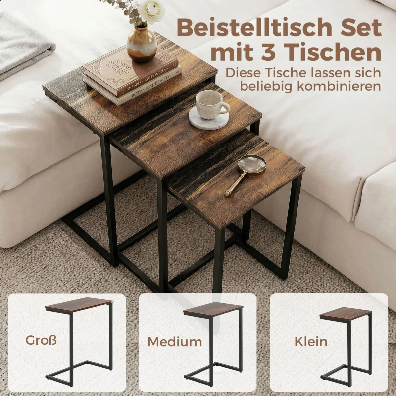 HOMCOM Satztisch, Beistelltisch, 3er-Set, Industrial Design, Stahlrahmen, braun+schwarz, 45 x 30 x 60cm