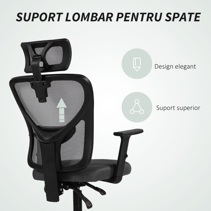 Vinsetto Scaun de birou ergonomic și reglabil cu suport lombar și tetieră, 66x61x106-116 cm, gri