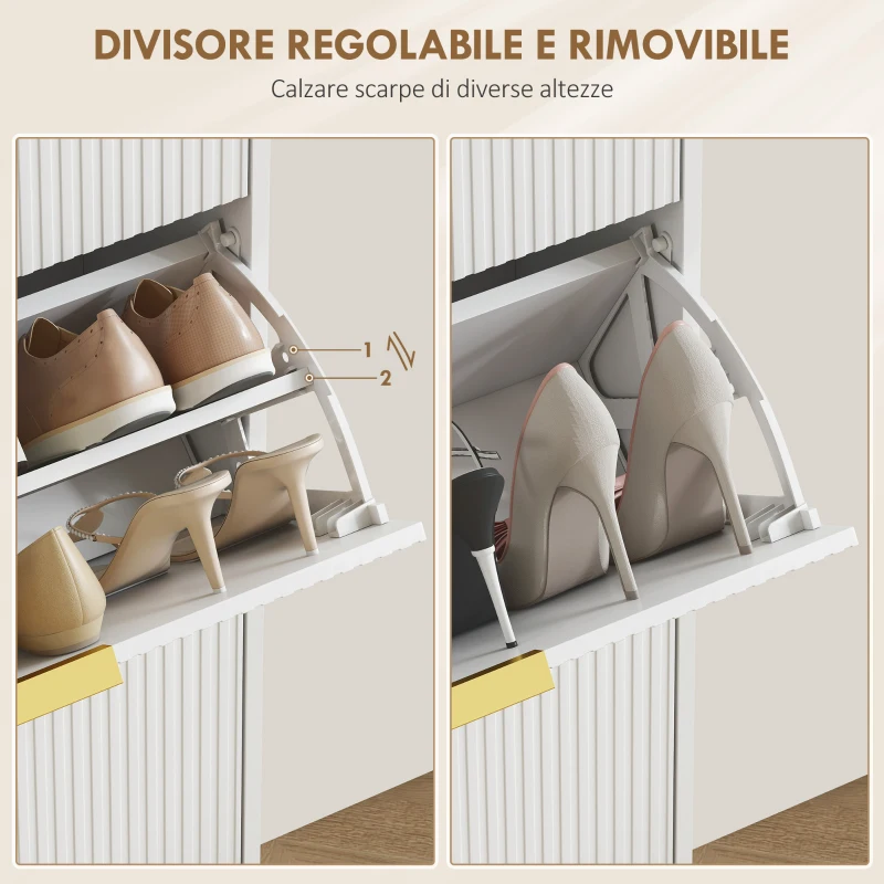HOMCOM Scarpiera Slim per 18 Paia di Scarpe con 3 Cassetti a Ribalta e Ripiani Regolabili, 60x24x122.5 cm, Bianco