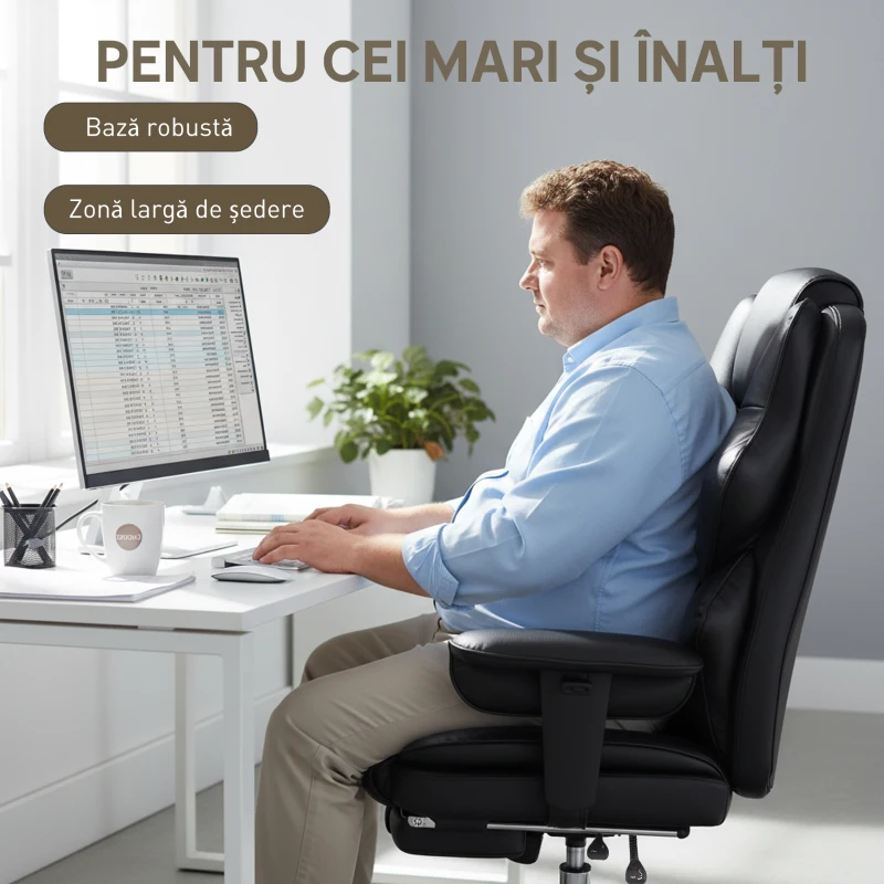 HOMCOM, Scaun de Birou, cu Suport pentru Picioare și Tetieră, din Piele PU, Spumă și Metal, 76x73x117-125 cm, Negru