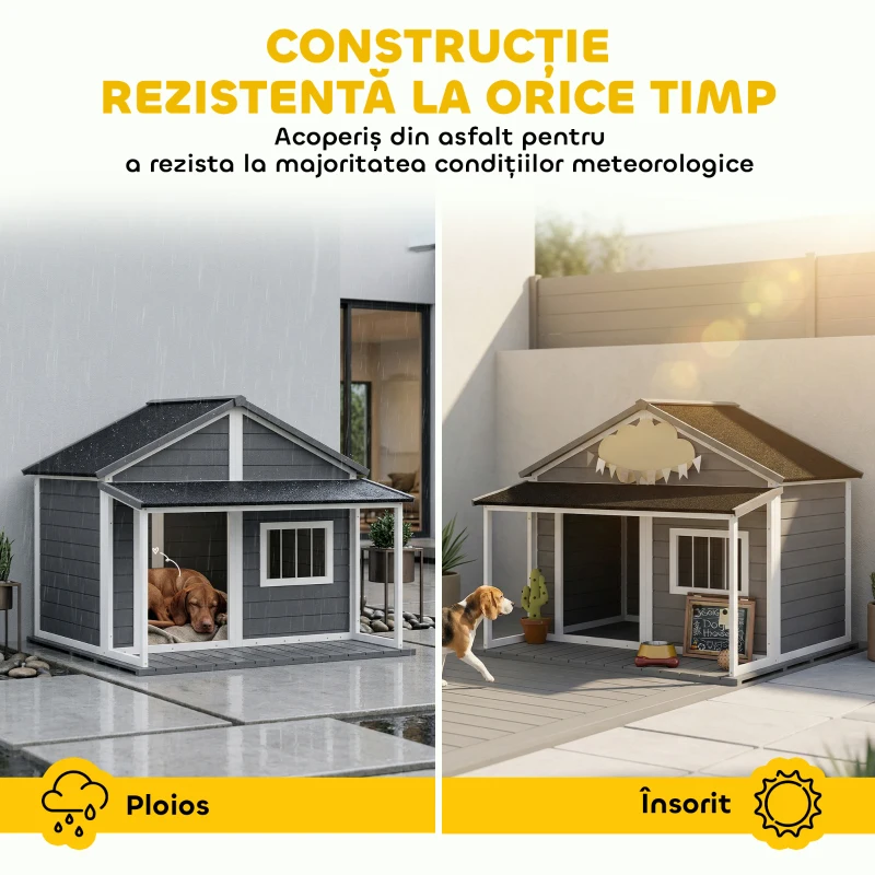 PawHut Cușcă pentru câini de exterior cu terasă, fereastră și acoperiș impermeabil, 124x112x105cm, gri