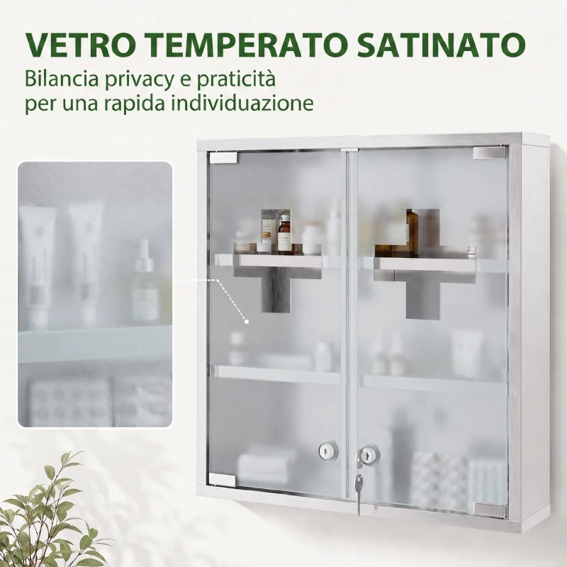 HOMCOM Armadietto per medicinali con serratura e ante in vetro, argento