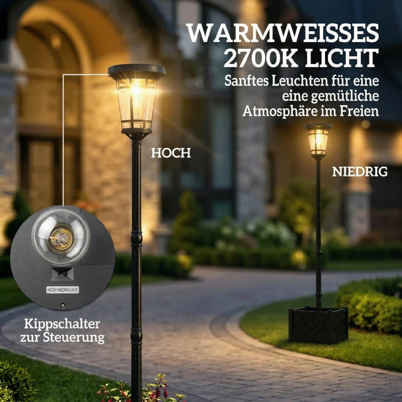 Outsunny Solar Laterne Stehleuchte mit Blumentopf 195cm Außen Gartenlaterne mit 2 Helligkeitsstufen Lichtsteuerung Schalter IP44